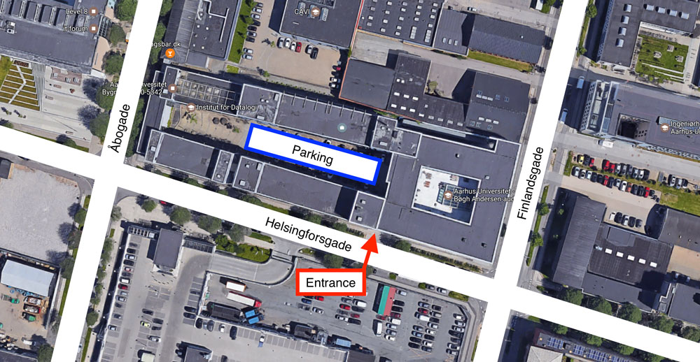 Entrance and parking to AUHack. Helsingforsgade 12, 8200 Aarhus N